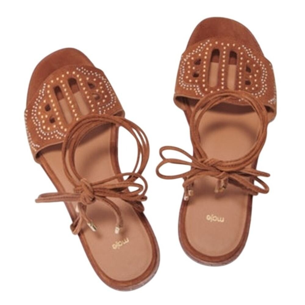 MAJE Camel Brown Studded Lace Up Sandals Brown Leather Gladiator Flat FR37/US6.5